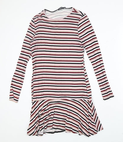 Boohoo Womens Multicoloured Striped Polyester Trapeze & Swing Size 8 Round Neck Pullover