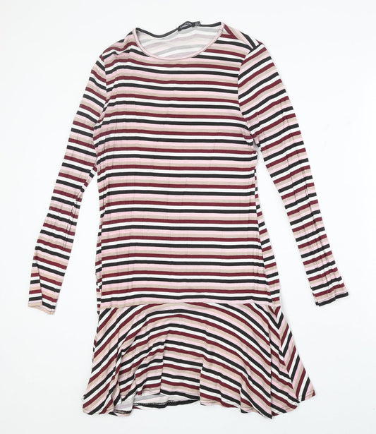 Boohoo Womens Multicoloured Striped Polyester Trapeze & Swing Size 8 Round Neck Pullover