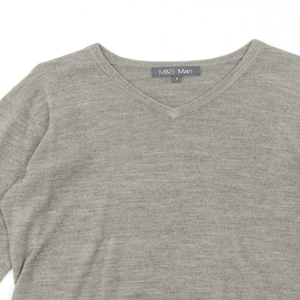 Marks and Spencer Mens Brown V-Neck Acrylic Pullover Jumper Size S Long Sleeve