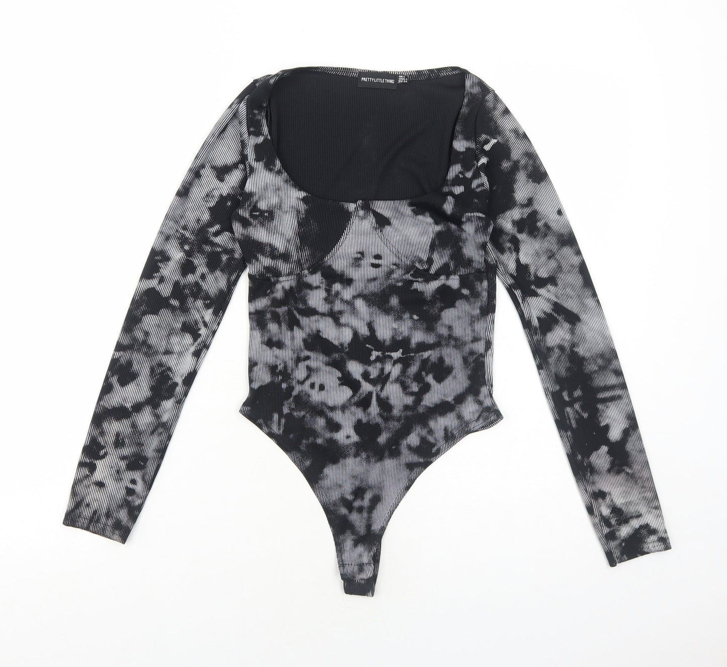 PRETTYLITTLETHING Womens Black Tie Dye Polyester Bodysuit One-Piece Size 6 Snap