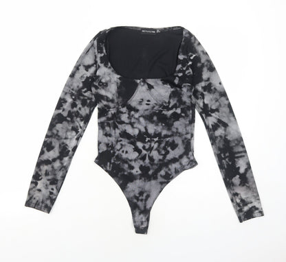 PRETTYLITTLETHING Womens Black Tie Dye Polyester Bodysuit One-Piece Size 6 Snap
