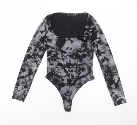 PRETTYLITTLETHING Womens Black Tie Dye Polyester Bodysuit One-Piece Size 6 Snap