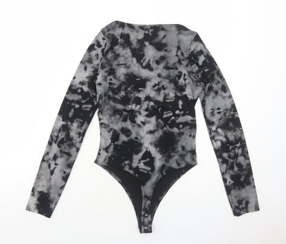 PRETTYLITTLETHING Womens Black Tie Dye Polyester Bodysuit One-Piece Size 6 Snap