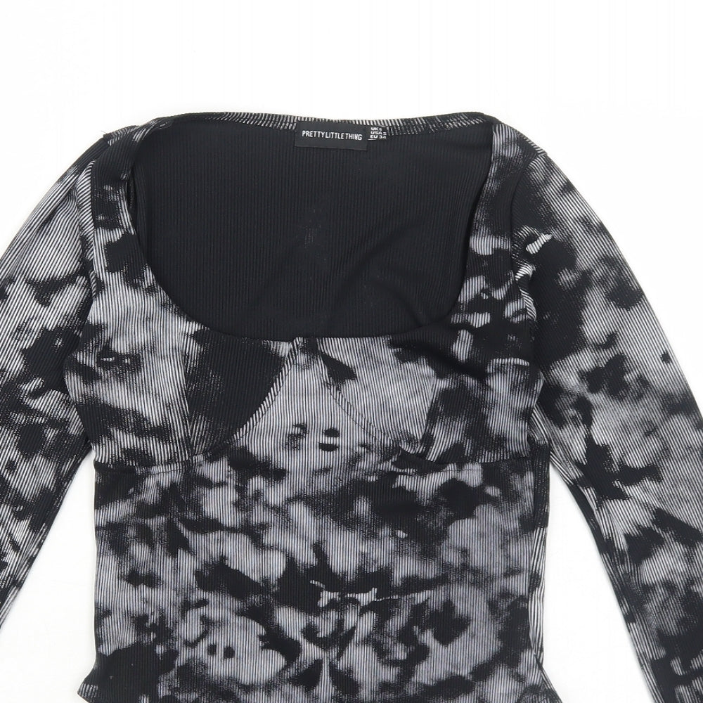 PRETTYLITTLETHING Womens Black Tie Dye Polyester Bodysuit One-Piece Size 6 Snap