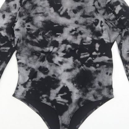 PRETTYLITTLETHING Womens Black Tie Dye Polyester Bodysuit One-Piece Size 6 Snap