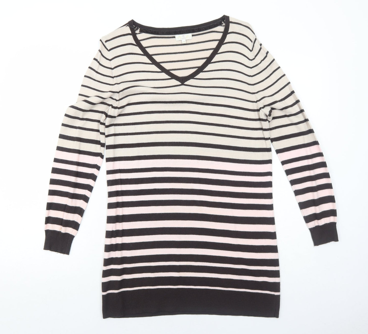 CC Womens Beige Striped Viscose Jumper Dress Size M V-Neck Pullover