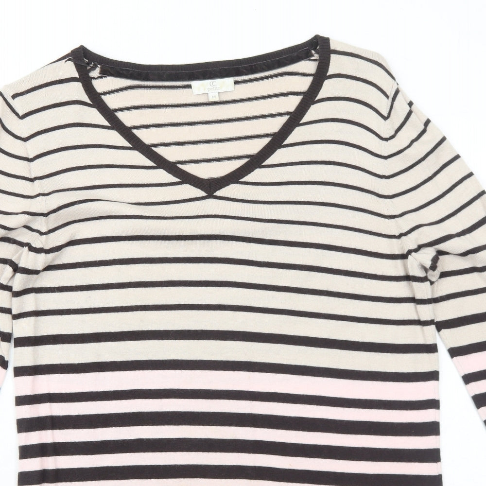 CC Womens Beige Striped Viscose Jumper Dress Size M V-Neck Pullover