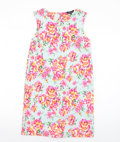 New Look Womens Blue Floral Patent Leather A-Line Size 6 Round Neck Button