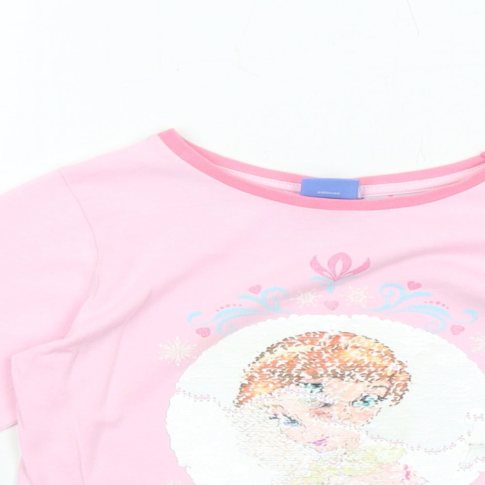 Disney Girls Pink Cotton Jersey T-Shirt Size 4-5 Years Round Neck Pullover - Frozen