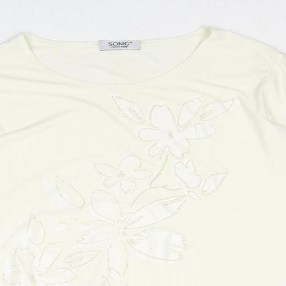 Sonic Womens Ivory Polyester Basic T-Shirt Size 16 Boat Neck - Floral Detail