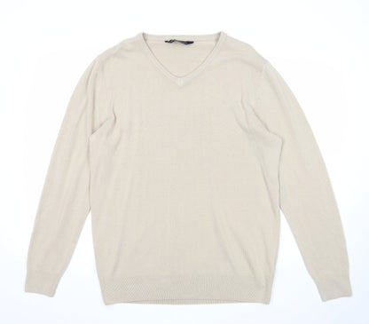 Kensington Mens Beige V-Neck Acrylic Pullover Jumper Size XL Long Sleeve