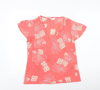 Collections Womens Pink Floral Polyester Basic Blouse Size 12 V-Neck