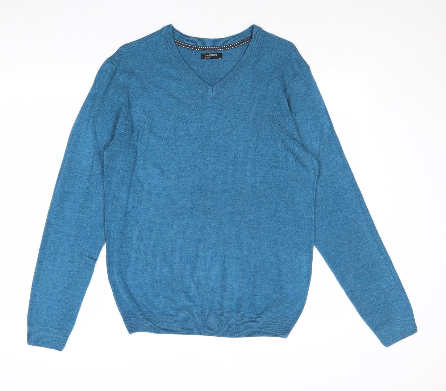 M&Co Mens Blue V-Neck Acrylic Pullover Jumper Size S Long Sleeve