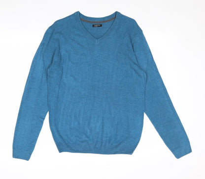 M&Co Mens Blue V-Neck Acrylic Pullover Jumper Size S Long Sleeve