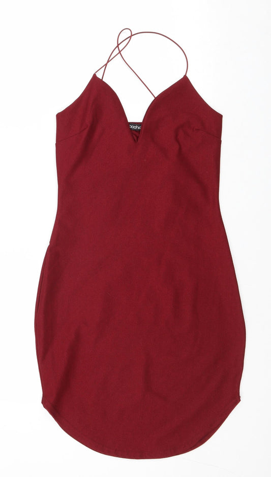 Boohoo Womens Red Polyester Slip Dress Size 10 V-Neck Pullover