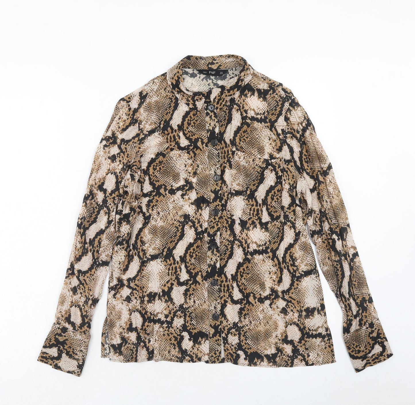 F&F Womens Brown Animal Print Viscose Basic Button-Up Size 10 Collared - Snakeskin Pattern