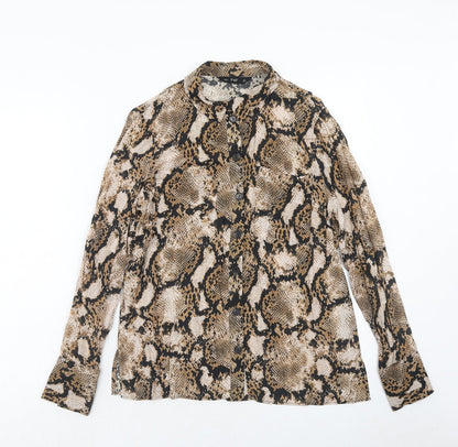 F&F Womens Brown Animal Print Viscose Basic Button-Up Size 10 Collared - Snakeskin Pattern