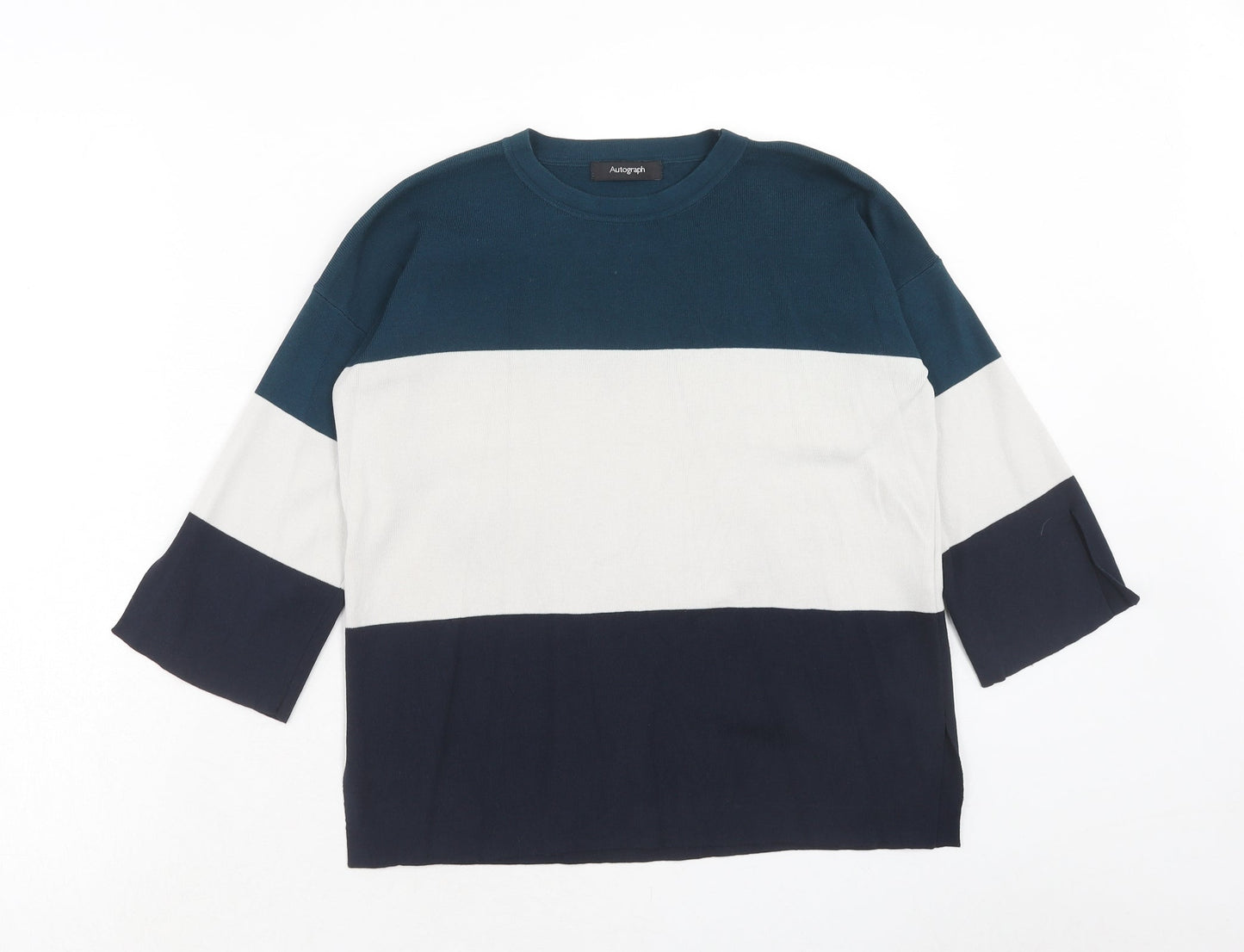 Autograph Womens Blue Round Neck Striped Cotton Pullover Jumper Size 6