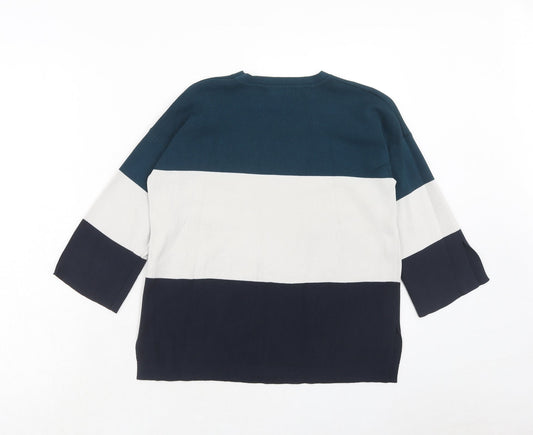 Autograph Womens Blue Round Neck Striped Cotton Pullover Jumper Size 6