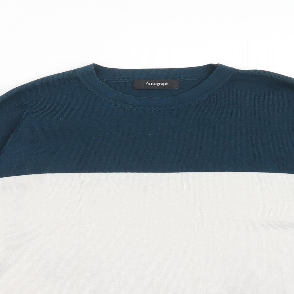 Autograph Womens Blue Round Neck Striped Cotton Pullover Jumper Size 6