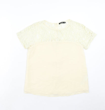Boohoo Womens Beige Polyester Basic T-Shirt Size 10 Round Neck - Lace Neckline