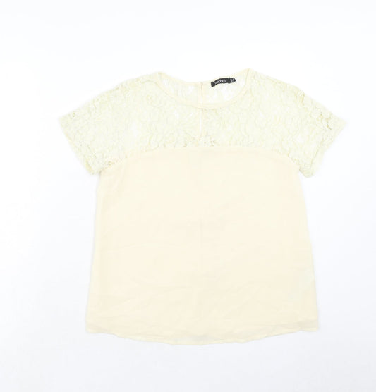 Boohoo Womens Beige Polyester Basic T-Shirt Size 10 Round Neck - Lace Neckline