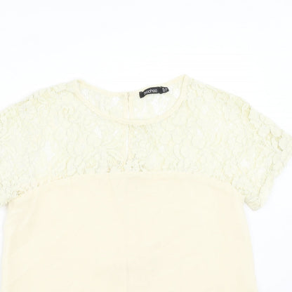 Boohoo Womens Beige Polyester Basic T-Shirt Size 10 Round Neck - Lace Neckline
