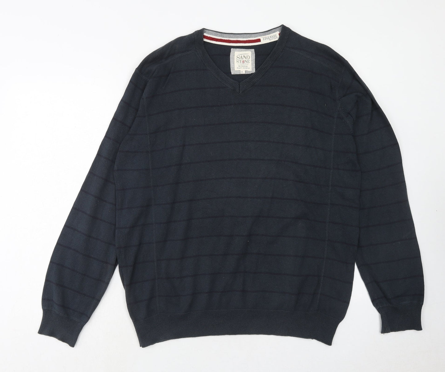 Sand Stone Mens Blue V-Neck Striped Cotton Pullover Jumper Size L Long Sleeve
