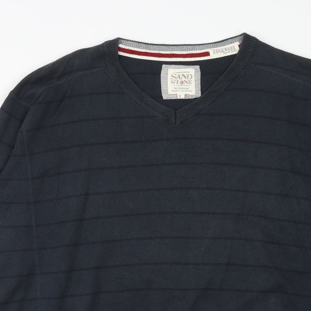 Sand Stone Mens Blue V-Neck Striped Cotton Pullover Jumper Size L Long Sleeve