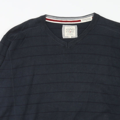 Sand Stone Mens Blue V-Neck Striped Cotton Pullover Jumper Size L Long Sleeve
