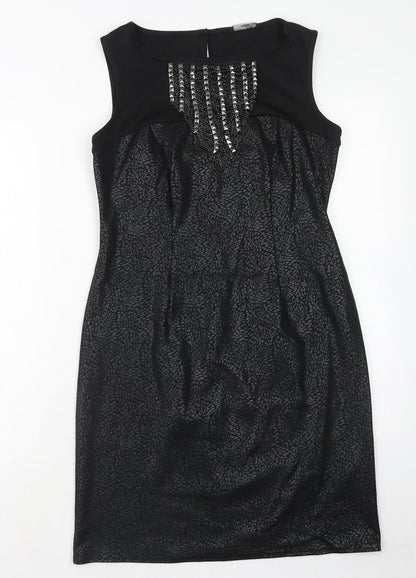 M&Co Womens Black Polyester A-Line Size 12 V-Neck Button