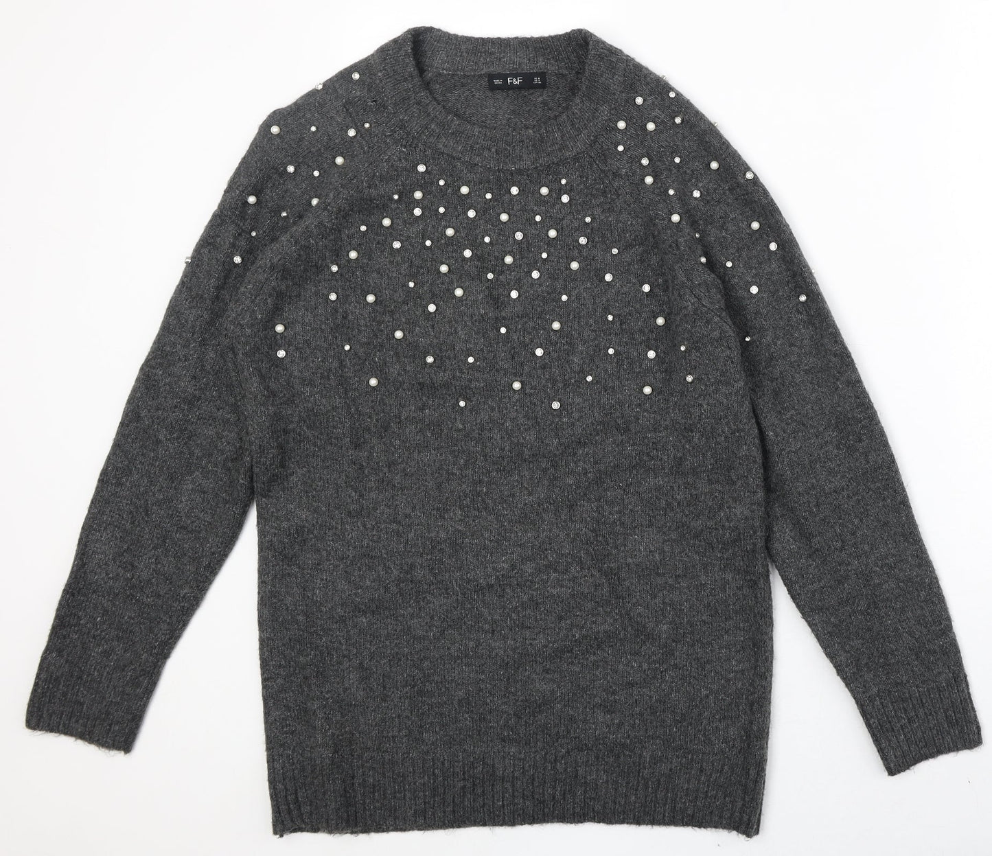 F&F Womens Grey Round Neck Acrylic Pullover Jumper Size 8