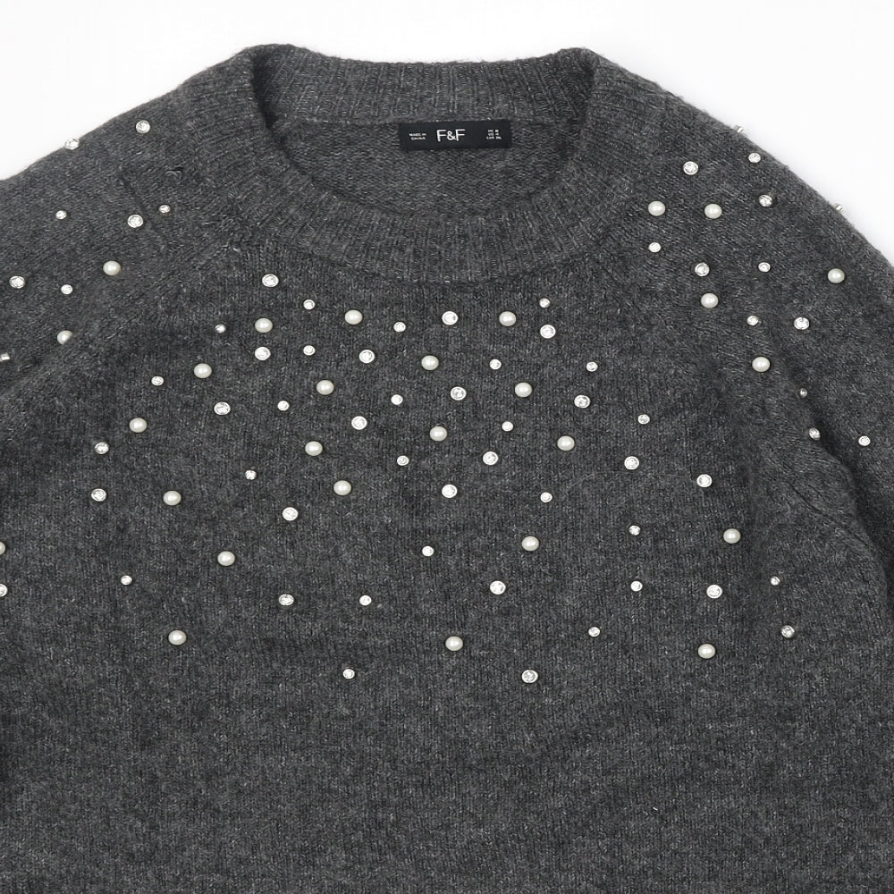 F&F Womens Grey Round Neck Acrylic Pullover Jumper Size 8