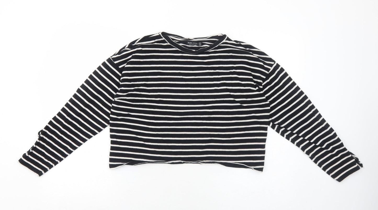 Bershka Womens Black Striped Cotton Basic T-Shirt Size S Round Neck
