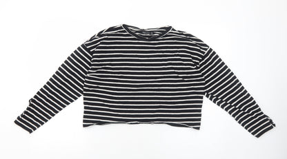 Bershka Womens Black Striped Cotton Basic T-Shirt Size S Round Neck