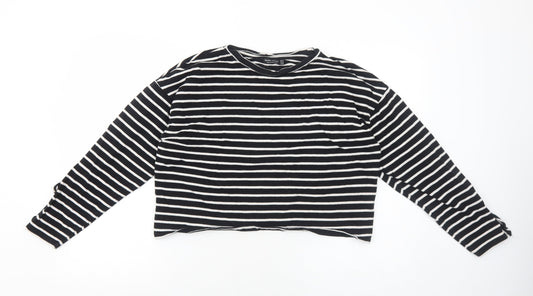Bershka Womens Black Striped Cotton Basic T-Shirt Size S Round Neck