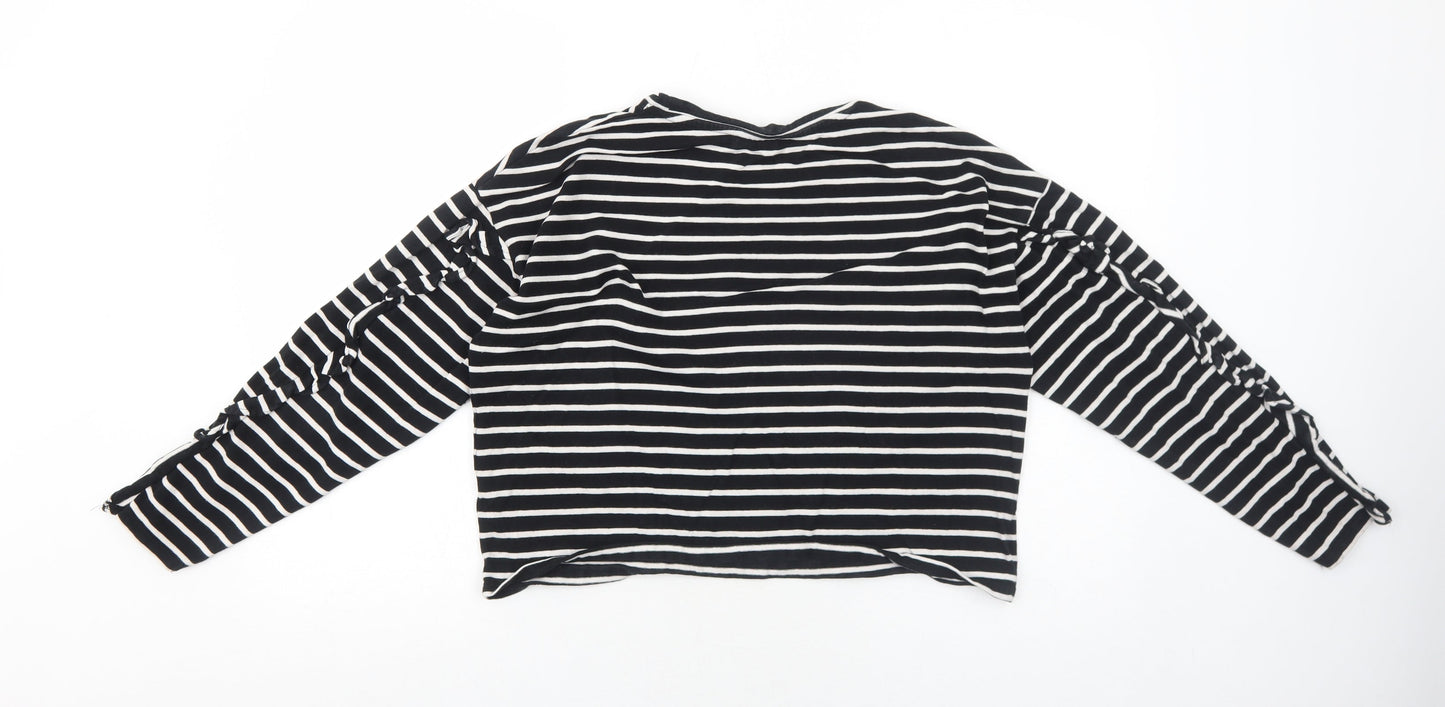 Bershka Womens Black Striped Cotton Basic T-Shirt Size S Round Neck