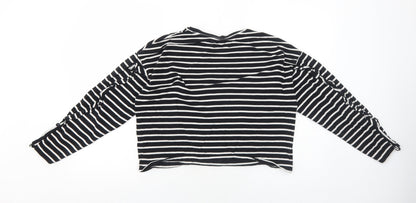 Bershka Womens Black Striped Cotton Basic T-Shirt Size S Round Neck