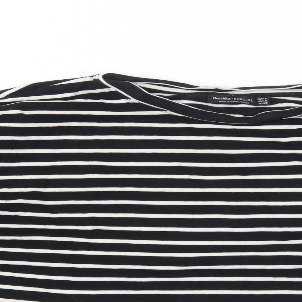 Bershka Womens Black Striped Cotton Basic T-Shirt Size S Round Neck
