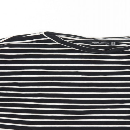 Bershka Womens Black Striped Cotton Basic T-Shirt Size S Round Neck