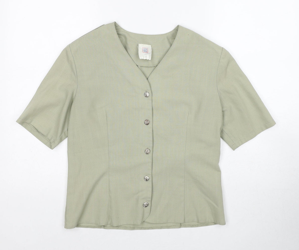 LS Collection Womens Green Polyester Basic Button-Up Size 12 V-Neck