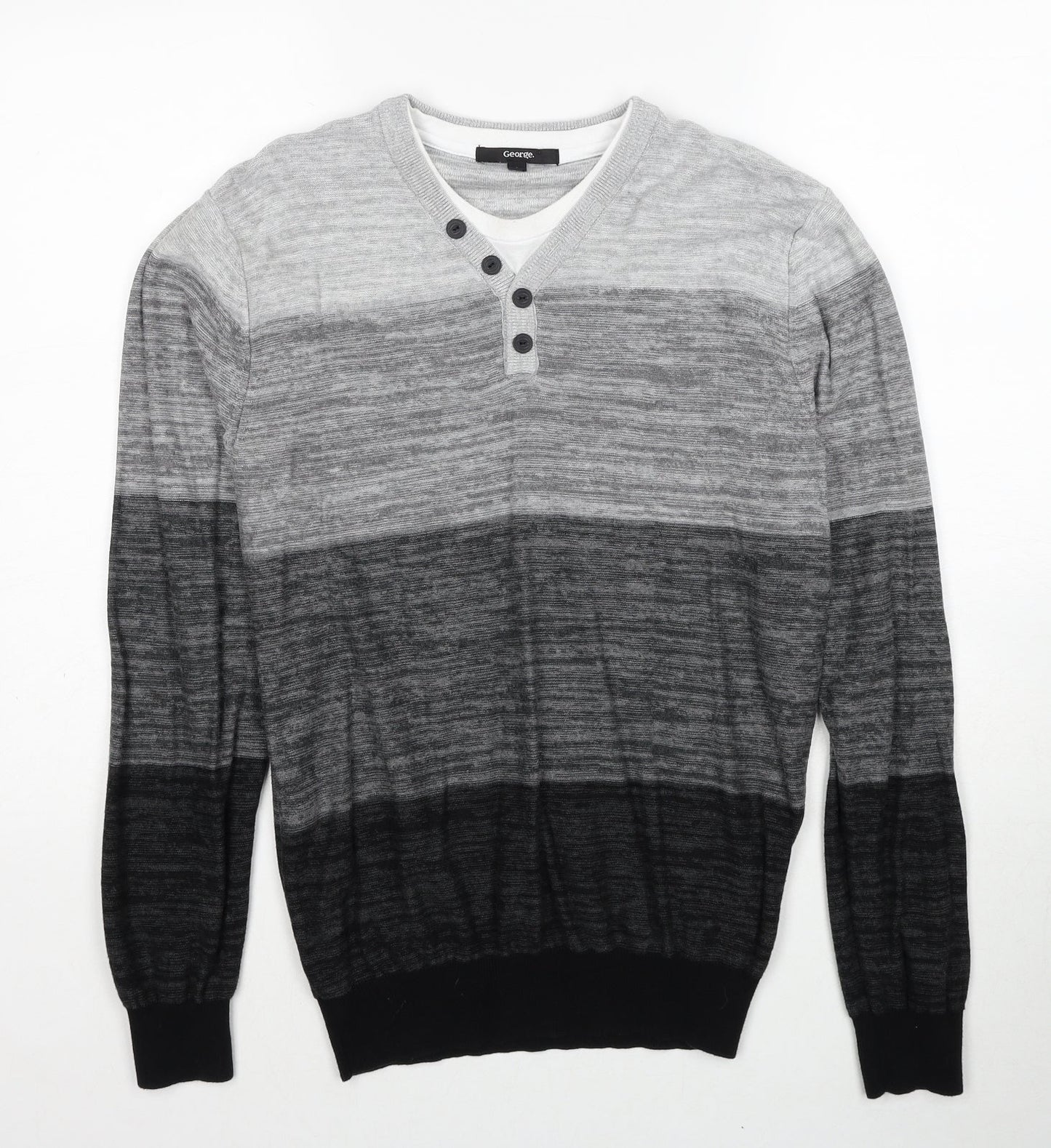 George Mens Grey V-Neck Striped Cotton Pullover Jumper Size S Long Sleeve