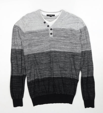 George Mens Grey V-Neck Striped Cotton Pullover Jumper Size S Long Sleeve