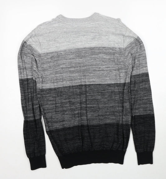 George Mens Grey V-Neck Striped Cotton Pullover Jumper Size S Long Sleeve