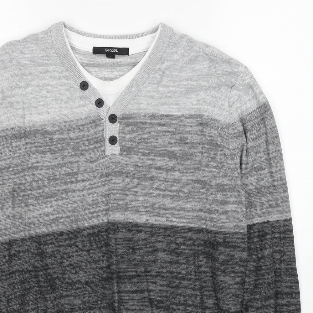 George Mens Grey V-Neck Striped Cotton Pullover Jumper Size S Long Sleeve
