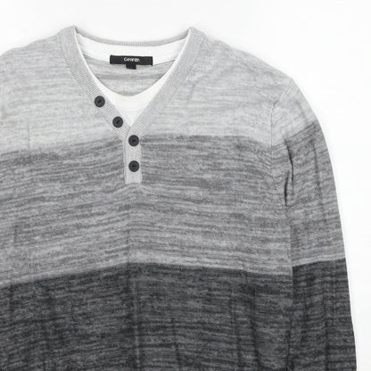 George Mens Grey V-Neck Striped Cotton Pullover Jumper Size S Long Sleeve
