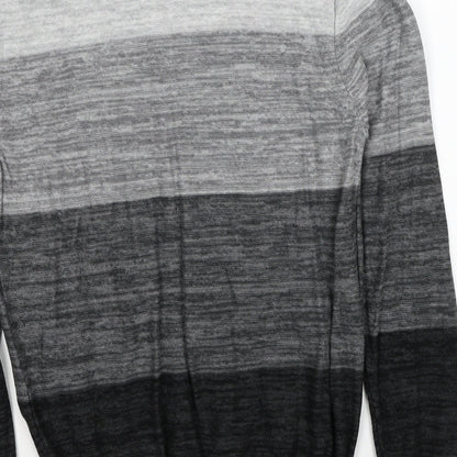 George Mens Grey V-Neck Striped Cotton Pullover Jumper Size S Long Sleeve