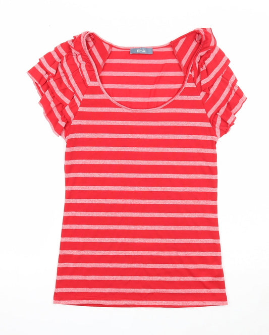 E-vie Womens Red Striped Polyester Basic T-Shirt Size 10 Scoop Neck