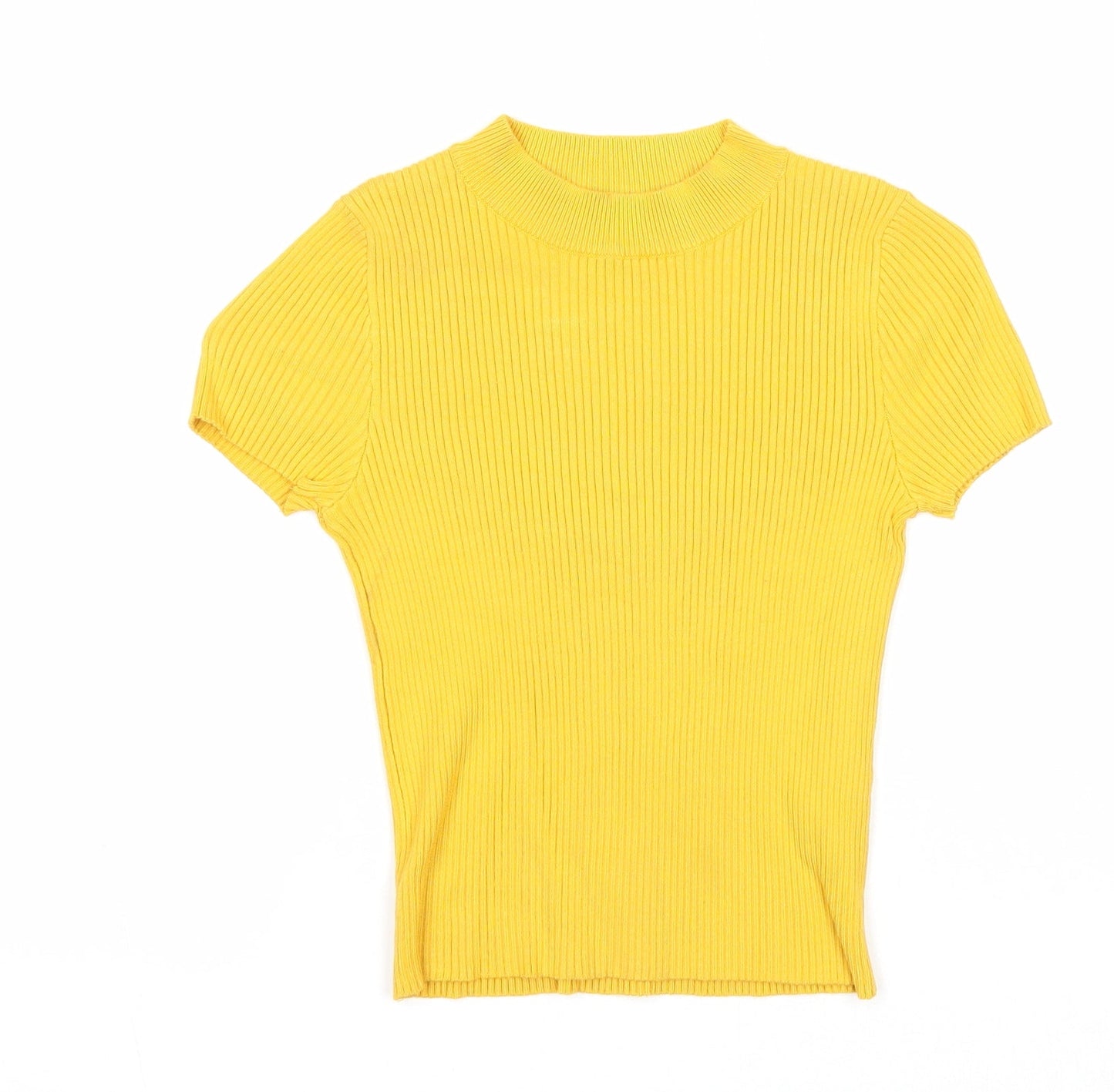 Bershka Womens Yellow Viscose Basic T-Shirt Size S Round Neck - Open Back