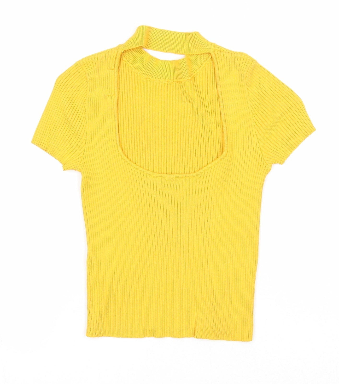 Bershka Womens Yellow Viscose Basic T-Shirt Size S Round Neck - Open Back